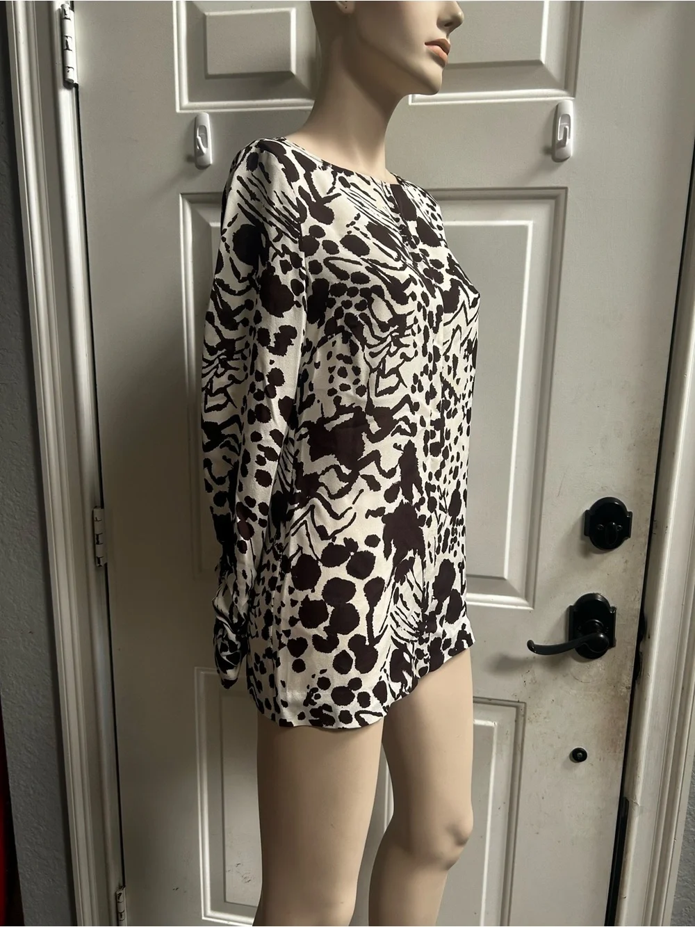 Tory Burch Silk Cream and Dark Brown Abstract Long-Sleeve Tunic Blouse Sz M